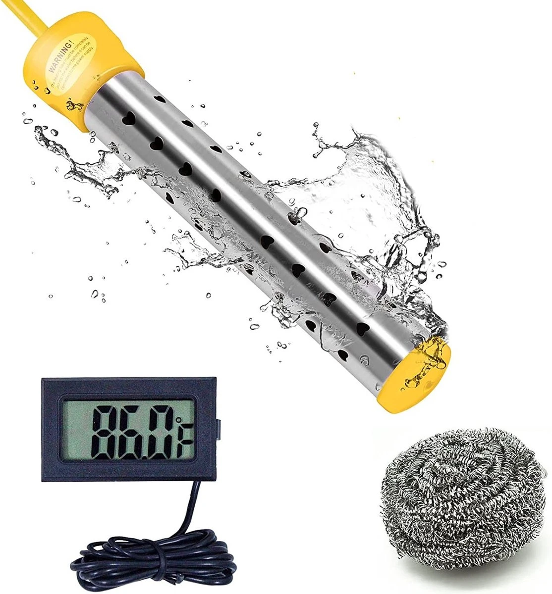 Dompelaar 2000W Incl. Thermometer & Staalspons - Reisdompelaar - Emmerdompelaar - Waterkoker - Camping - Kamperen - Outdoor 1 Dompelaar 2000W Incl. Thermometer & Staalspons - Reisdompelaar - Emmerdompelaar - Waterkoker - Camping - Kamperen - Outdoor