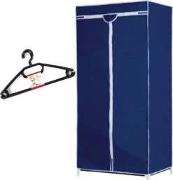 Merkloos Set Van Mobiele Opvouwbare Kledingkast Met Blauwe Hoes 160 Cm En 5x Plastic Kledinghangers Zwart