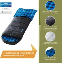 Skandika Dundee Flannel-L Slaapzak – Mummmieslaapzakken – Slaapzakken Volwassen - Maat M – Unisex - Katoen, Luxe Kwaliteit, Dubbele Slaapzak, 3 Seizoenen, Tot -20°C - 220 X 80 Cm - Outdoor Kampeerslaapzak – Ritssluiting Links - Zwart/blauw -Buitenkampeerwinkel 1168x1200 1