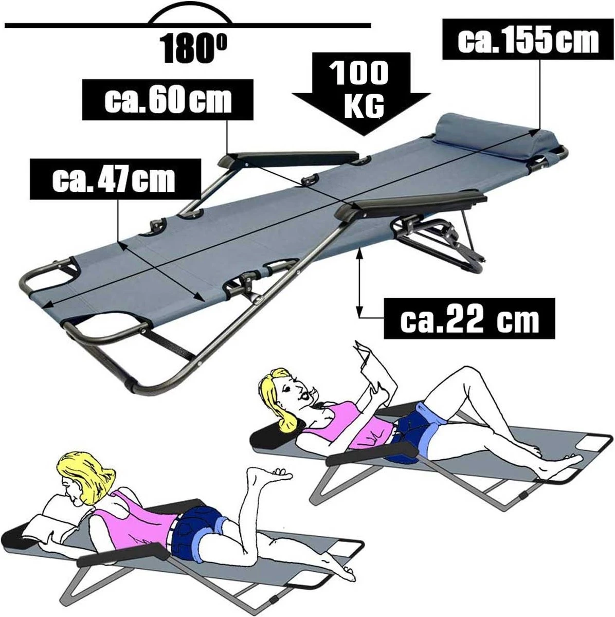 Ligstoel Opvouwbaar 155x60cm - Lichte Ligbed Relaxstoel Tuinstoel Campingstoel Strandstoel 14 Ligstoel Opvouwbaar 155x60cm - Lichte Ligbed Relaxstoel Tuinstoel Campingstoel Strandstoel - Afbeelding 14
