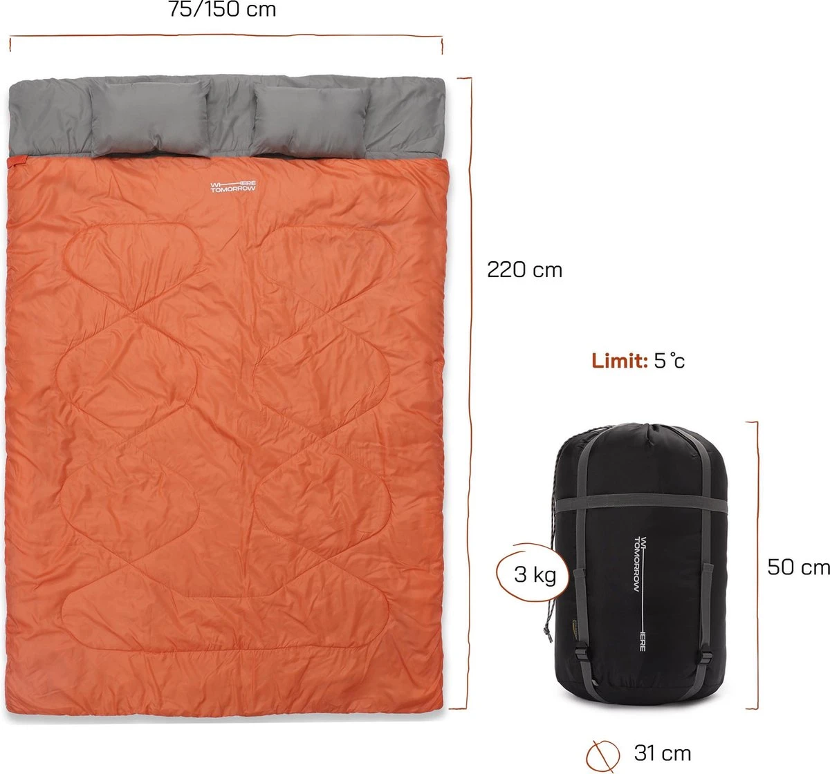 Where Tomorrow Double Slaapzak 220 X 150 Cm Diverse Kleuren - Oranje 2 Where Tomorrow Double Slaapzak 220 X 150 Cm Diverse Kleuren - Oranje - Afbeelding 2