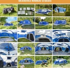 Skandika Nimbus Sleeper 12 Tent – Koepeltenten – 12 Persoons Familietent - Campingtent – Muggengaas – Sleeper Technology (3 Extra Donkere Slaapcabines) – 760 X 630 X 215 Cm (LxBxH) – 5000 Mm Waterkolom – Camping, Tuin – Kamperen – Blauw/wit -Buitenkampeerwinkel 1200x1162 2