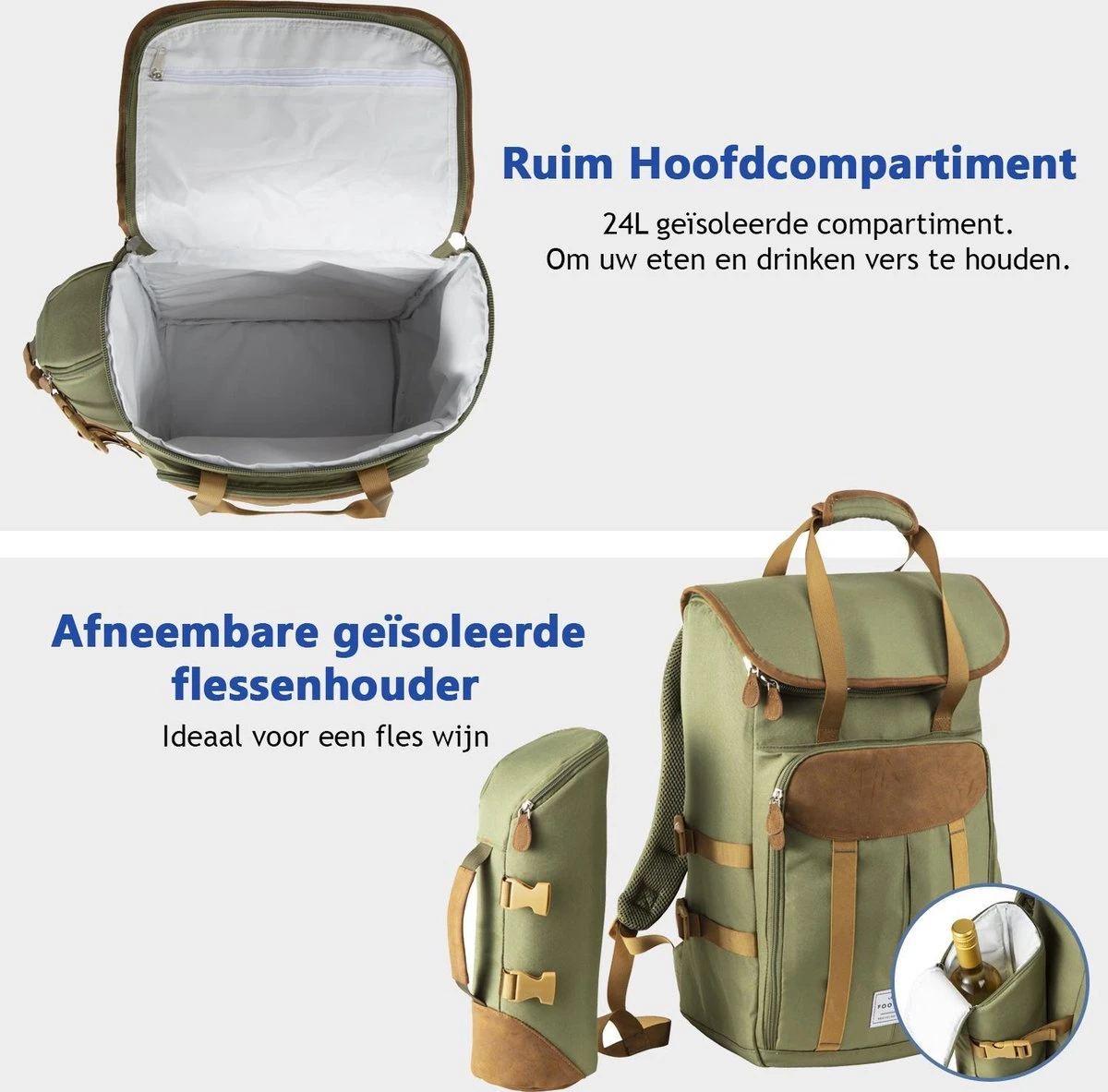 Cabinmax Koeltas - Koelrugzak - Picknick - Picknicktas Met Flessenhouder - Koelrugtas 24L - Olive Green 9 Cabinmax Koeltas - Koelrugzak - Picknick - Picknicktas Met Flessenhouder - Koelrugtas 24L - Olive Green - Afbeelding 9