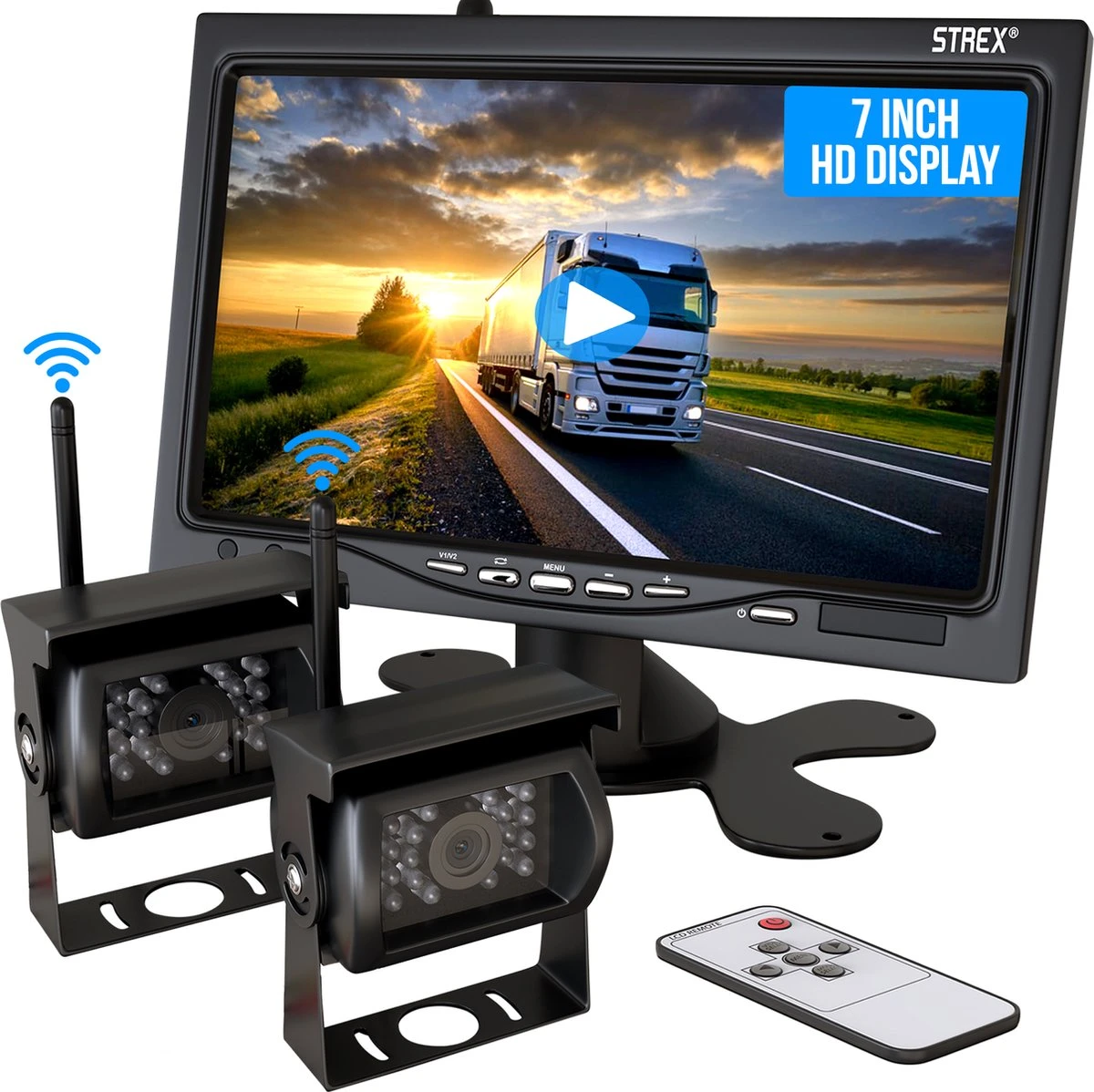 Strex Draadloze Achteruitrijcamera Met 2 Camera's - 7” Scherm - Nachtzicht 18LED 15m 1 Strex Draadloze Achteruitrijcamera Met 2 Camera's - 7” Scherm - Nachtzicht 18LED 15m