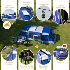 Skandika Montana 8 Sleeper Tent – Tunneltent – 8 Persoons Familietent - Campingtent – Sleeper Technology (2 Tot 4 Extra Donkere Slaapcabines) – Ingenaaide Tentvloer - Muggengaas – 700 X 310 X 200 Cm (LxBxH) – 5000mm Waterkolom – Kamperen – Blauw/wit -Buitenkampeerwinkel 1200x1199 8