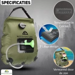 Needventure Solar Douche - Camping Douchezak - Buiten Douche - Tuindouche - Inclusief Thermometer - Waterzak Met Douchekop - 20L - Groen -Buitenkampeerwinkel 1200x1200 1429