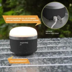 Skandika Campinglamp Tarfala – Tentlampen – Campinglampen – Kampeerlamp – Tentlamp Oplaadbaar, Traploos Dimbaar, Ophanghaak, USB Aansluiting – 3600 MAh Powerbank – Warm Wit, Koel Wit, 110 H Batterij – Tentlamp Buiten – Energieklasse A ++ - Zwart -Buitenkampeerwinkel 1200x1200 1853