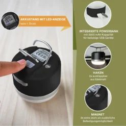 Skandika Campinglamp Tarfala – Tentlampen – Campinglampen – Kampeerlamp – Tentlamp Oplaadbaar, Traploos Dimbaar, Ophanghaak, USB Aansluiting – 3600 MAh Powerbank – Warm Wit, Koel Wit, 110 H Batterij – Tentlamp Buiten – Energieklasse A ++ - Zwart -Buitenkampeerwinkel 1200x1200 1854