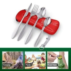Roestvrij Staal Bestek (kampeerset) – Draagbare Reislepels, -vork En -mes Voor Festivals, Camping Of Trektochten - Wordt Geleverd Met Een Neopreen Draagtasje Met Een Lichtgewicht Flesopener -Buitenkampeerwinkel 1200x1200 586