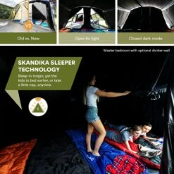 Skandika Montana 8 Sleeper Tent – Tunneltent – 8 Persoons Familietent - Campingtent – Sleeper Technology (2 Tot 4 Extra Donkere Slaapcabines) – Ingenaaide Tentvloer - Muggengaas – 700 X 310 X 200 Cm (LxBxH) – 5000mm Waterkolom – Kamperen – Blauw/wit -Buitenkampeerwinkel 1200x1200 754