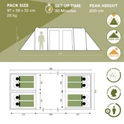 Skandika Montana 8 Sleeper Tent – Tunneltent – 8 Persoons Familietent - Campingtent – Sleeper Technology (2 Tot 4 Extra Donkere Slaapcabines) – Ingenaaide Tentvloer - Muggengaas – 700 X 310 X 200 Cm (LxBxH) – 5000mm Waterkolom – Kamperen – Blauw/wit -Buitenkampeerwinkel 1200x1200 755