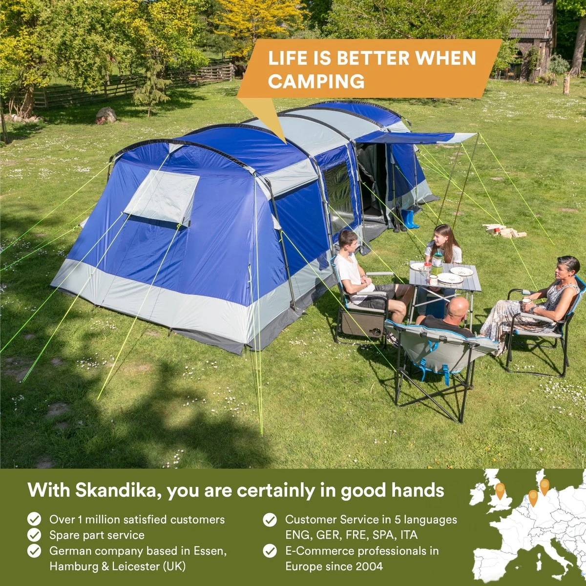Skandika Montana 8 Tent – Tunneltenten – 8 Persoons Tent – Campingtent – 200 Cm Stahoogte – 2-4 Slaapcabines - Muggengaas – Familietent – 4 Ingangen – 700 X 310 X 200 Cm (L X B X H) - 5000 Mm Waterkolom – Outdoor, Camping – Kamperen – Blauw 4 Skandika Montana 8 Tent – Tunneltenten – 8 Persoons Tent – Campingtent – 200 Cm Stahoogte – 2-4 Slaapcabines - Muggengaas – Familietent – 4 Ingangen – 700 X 310 X 200 Cm (L X B X H) - 5000 Mm Waterkolom – Outdoor, Camping – Kamperen – Blauw - Afbeelding 4