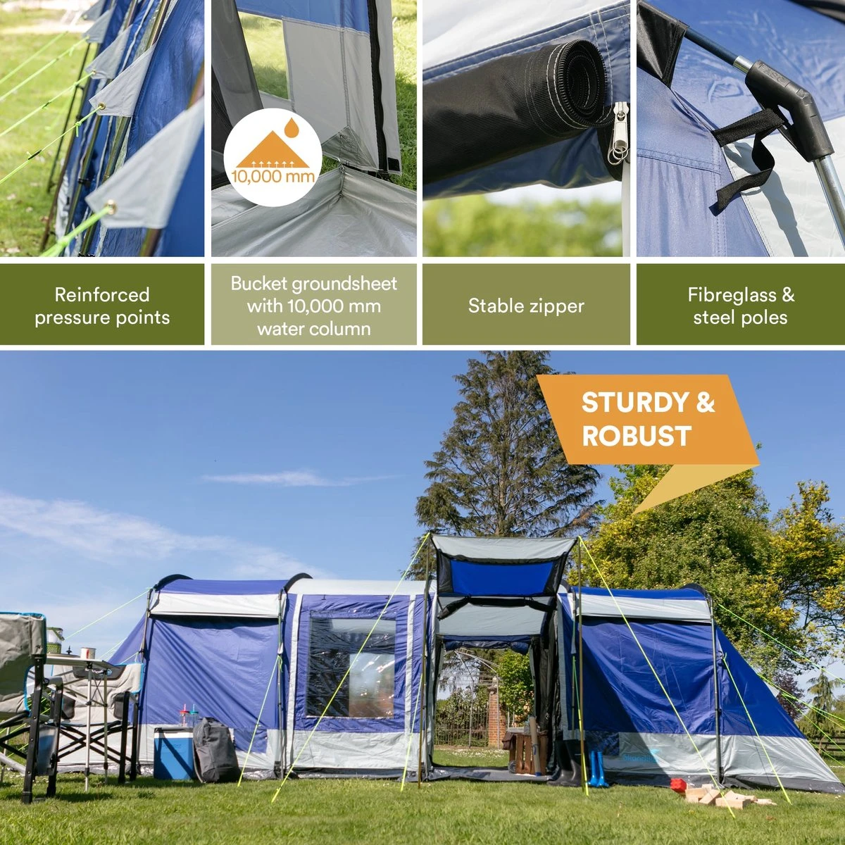 Skandika Montana 8 Tent – Tunneltenten – 8 Persoons Tent – Campingtent – 200 Cm Stahoogte – 2-4 Slaapcabines - Muggengaas – Familietent – 4 Ingangen – 700 X 310 X 200 Cm (L X B X H) - 5000 Mm Waterkolom – Outdoor, Camping – Kamperen – Blauw 6 Skandika Montana 8 Tent – Tunneltenten – 8 Persoons Tent – Campingtent – 200 Cm Stahoogte – 2-4 Slaapcabines - Muggengaas – Familietent – 4 Ingangen – 700 X 310 X 200 Cm (L X B X H) - 5000 Mm Waterkolom – Outdoor, Camping – Kamperen – Blauw - Afbeelding 6