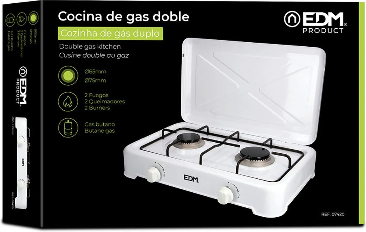 EDM 2-Pits Gaskooktoestel - Camping - Wit - 46x30x12 Cm 3 EDM 2-Pits Gaskooktoestel - Camping - Wit - 46x30x12 Cm - Afbeelding 3