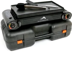 T&S - Draagbaar Dubbel Gasvuur Met Grillplaat En Transportkist - Camping Kooktoestel - Kookstel - Bakplaat - Gasfornuis - 2 Pits - Elektrische Ontsteking - Kookvuur - Kampeer Vuur