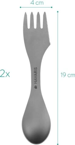 Navaris 2x Spork Titanium Campingbestek - Vork, Mes En Lepel In één - Bestek Voor Onderweg En Op Reis - Lichtgewicht - Inclusief Bewaarzakje -Buitenkampeerwinkel 621x1200 1